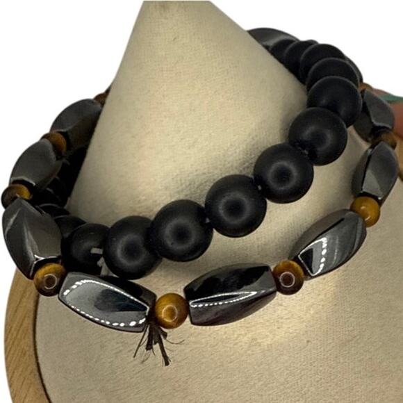 Hematite, Shunghite, and Tiger Eye Natural Stone Beaded Bracelet Duo - Picture 7 of 7
